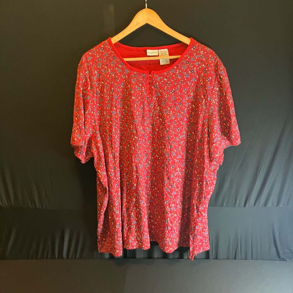 White Stag Plus Size Red Floral Short Sleeve Button-Front Tunic
